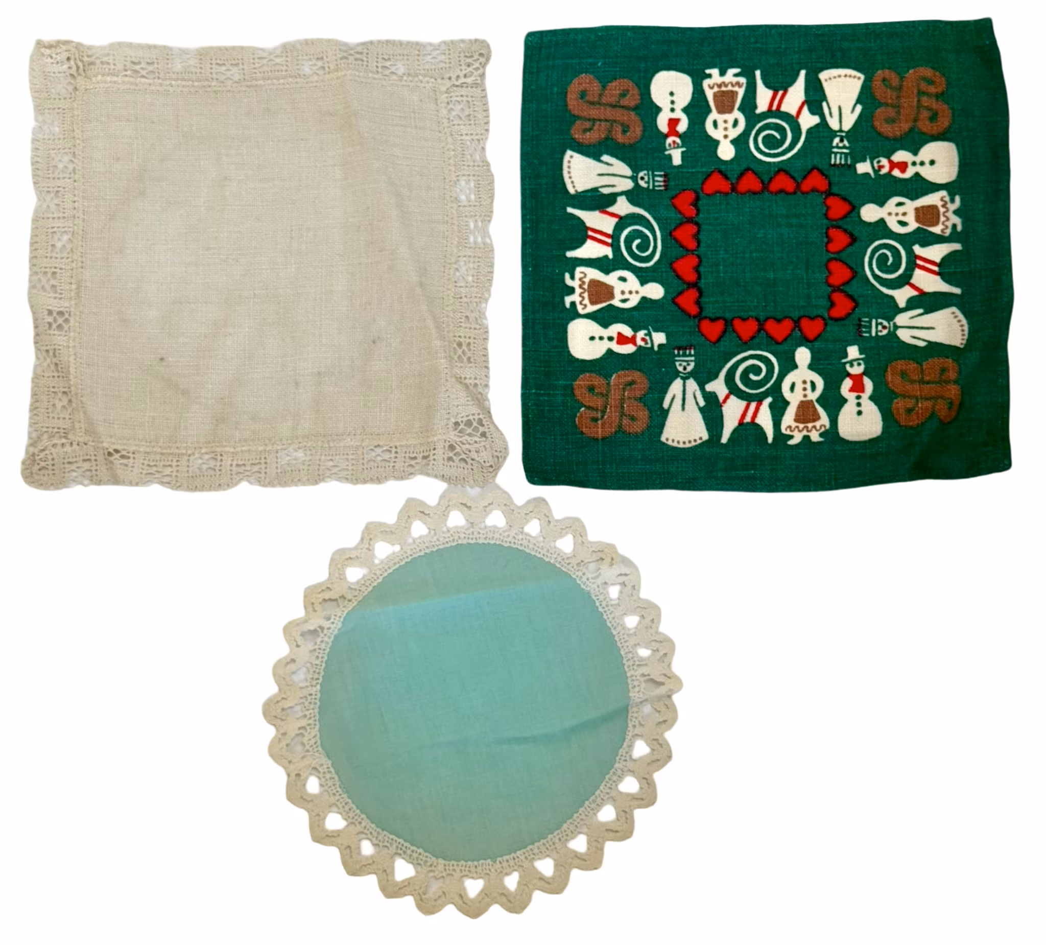 Vintage dukar, juldukar, Broderi, jullöpare med Almanack från 1978 m.m.