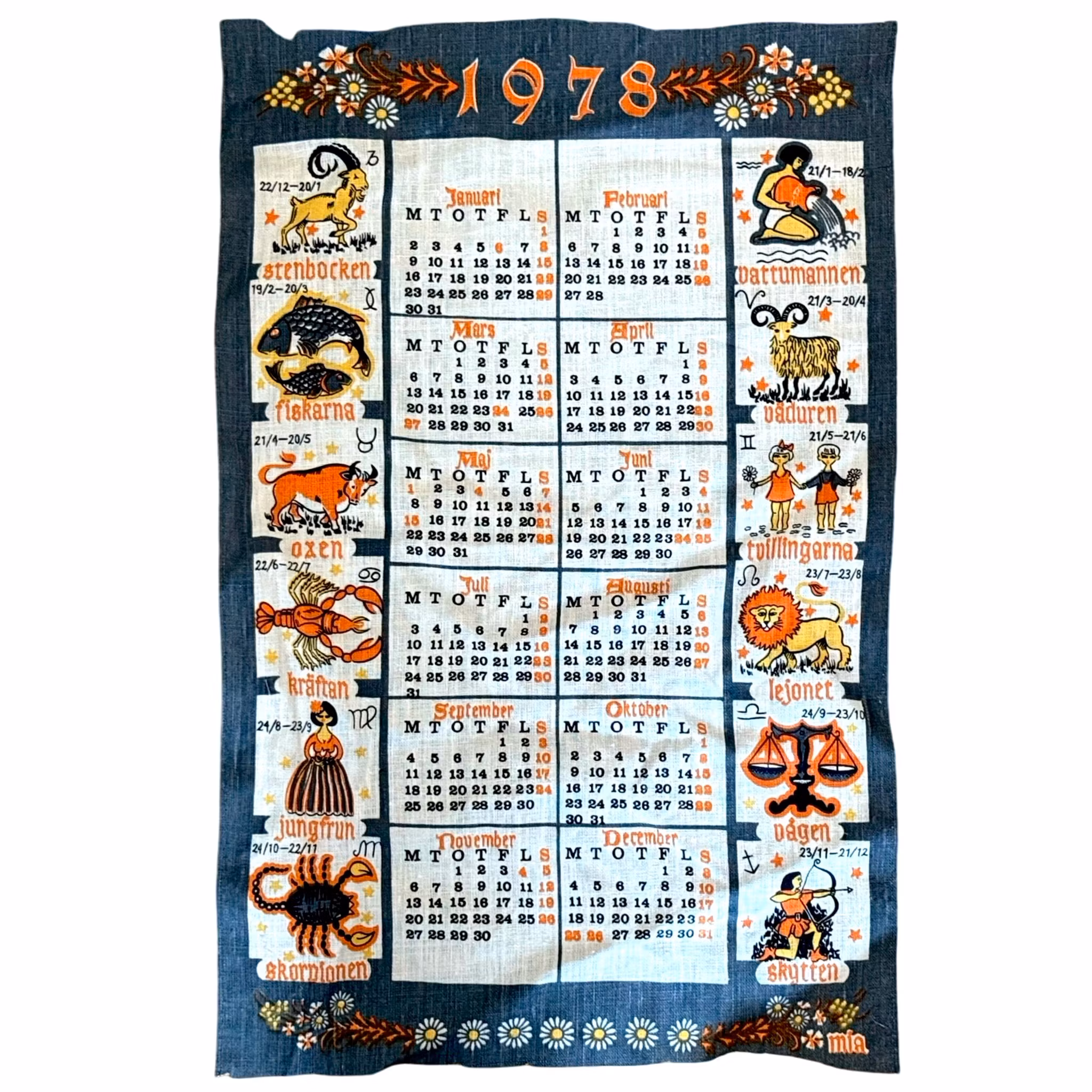 Vintage dukar, juldukar, Broderi, jullöpare med Almanack från 1978 m.m.