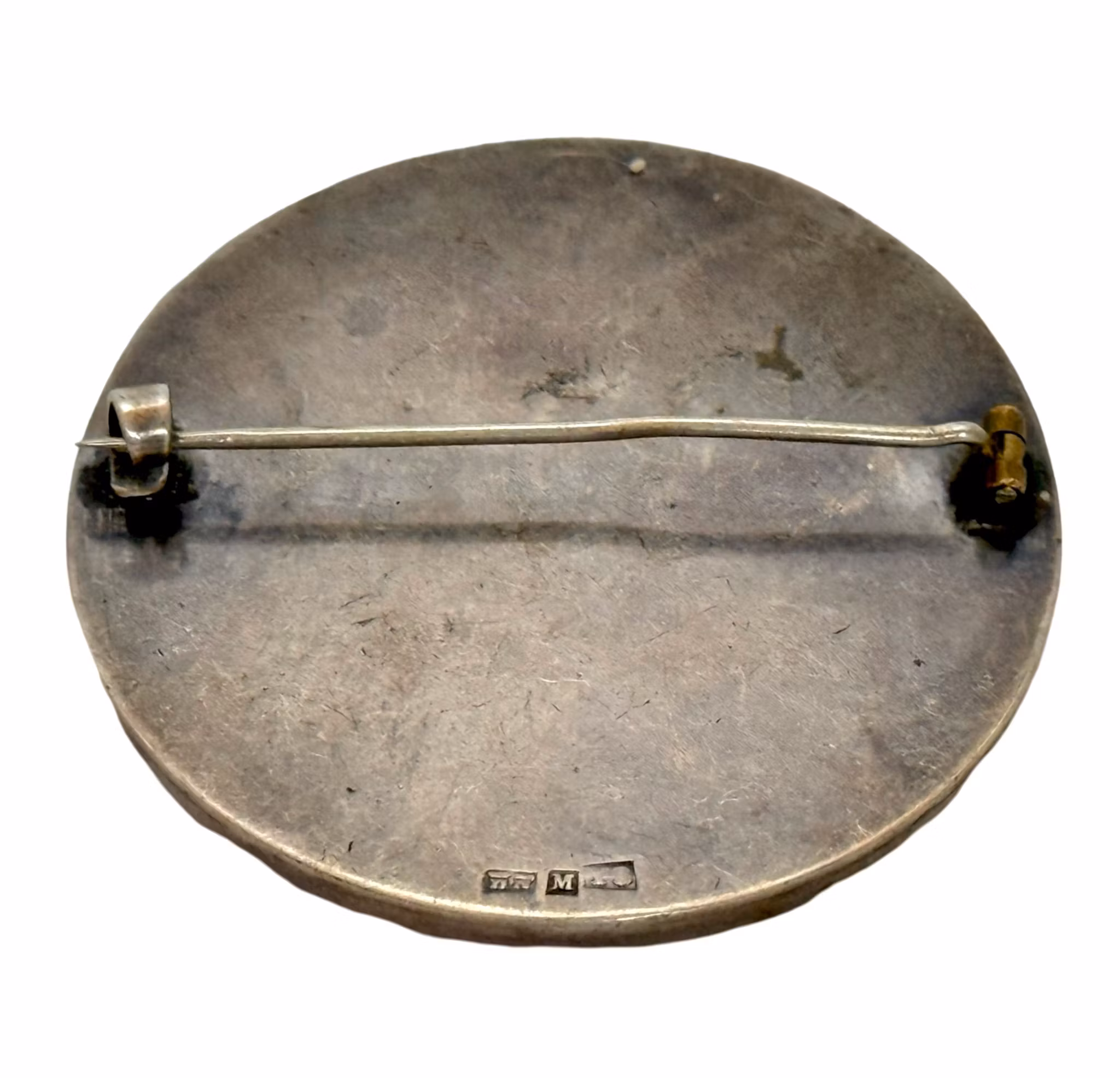 Silver Brooch, miniature painting on porcelain, signed GW