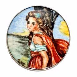 Broche en argent, peinture miniature sur porcelaine, signée GW