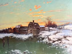 Leonard Wiedh, Huile sur toile, Paysage d'hiver avec maisons. Signé, daté 1901