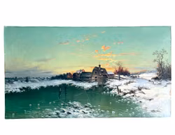 Leonard Wiedh, Huile sur toile, Paysage d'hiver avec maisons. Signé, daté 1901
