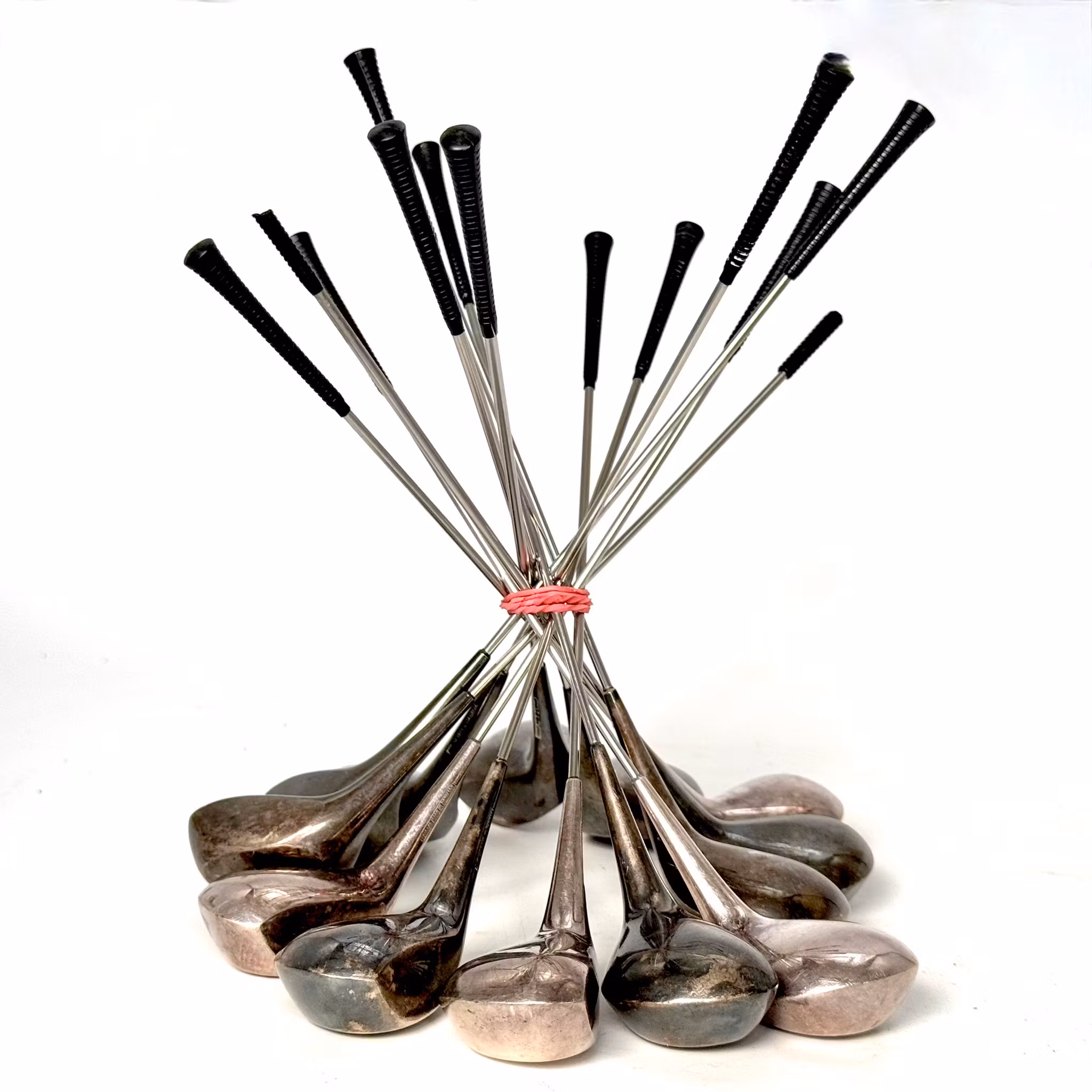 13 st, Drinkpinnar i form av golfklubbor, silverpläterade, Frigast, Danmark