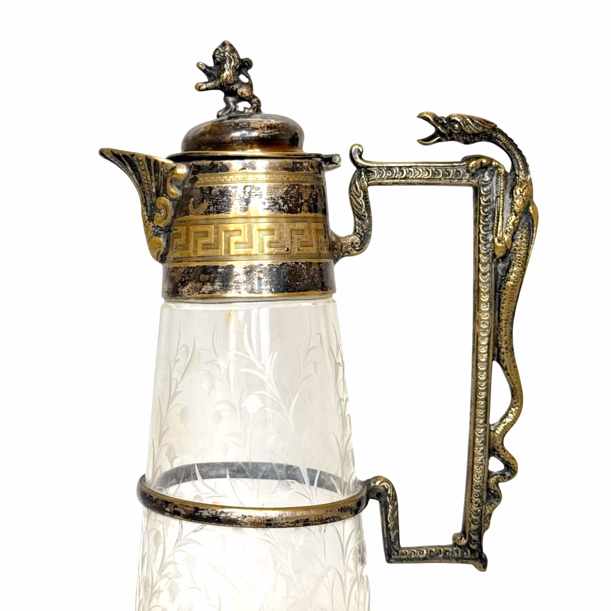 Jarra de vino de cristal plateado nuevo con decoración esmerilada, siglo XIX.