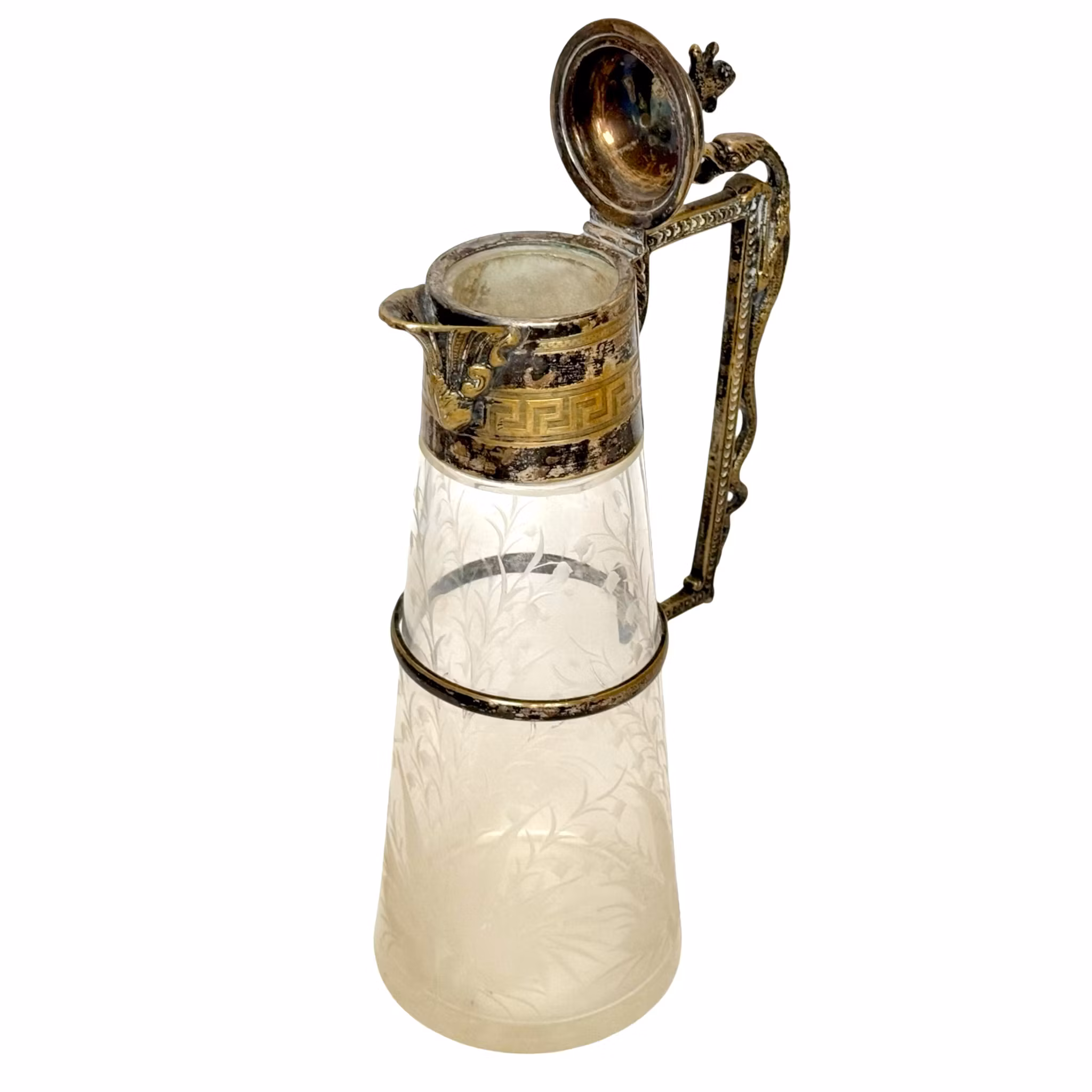 Jarra de vino de cristal plateado nuevo con decoración esmerilada, siglo XIX.