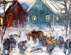 Åke Wickström. "Lina saa puuta, tapahtuma 1942", öljy kankaalle, signeerattu