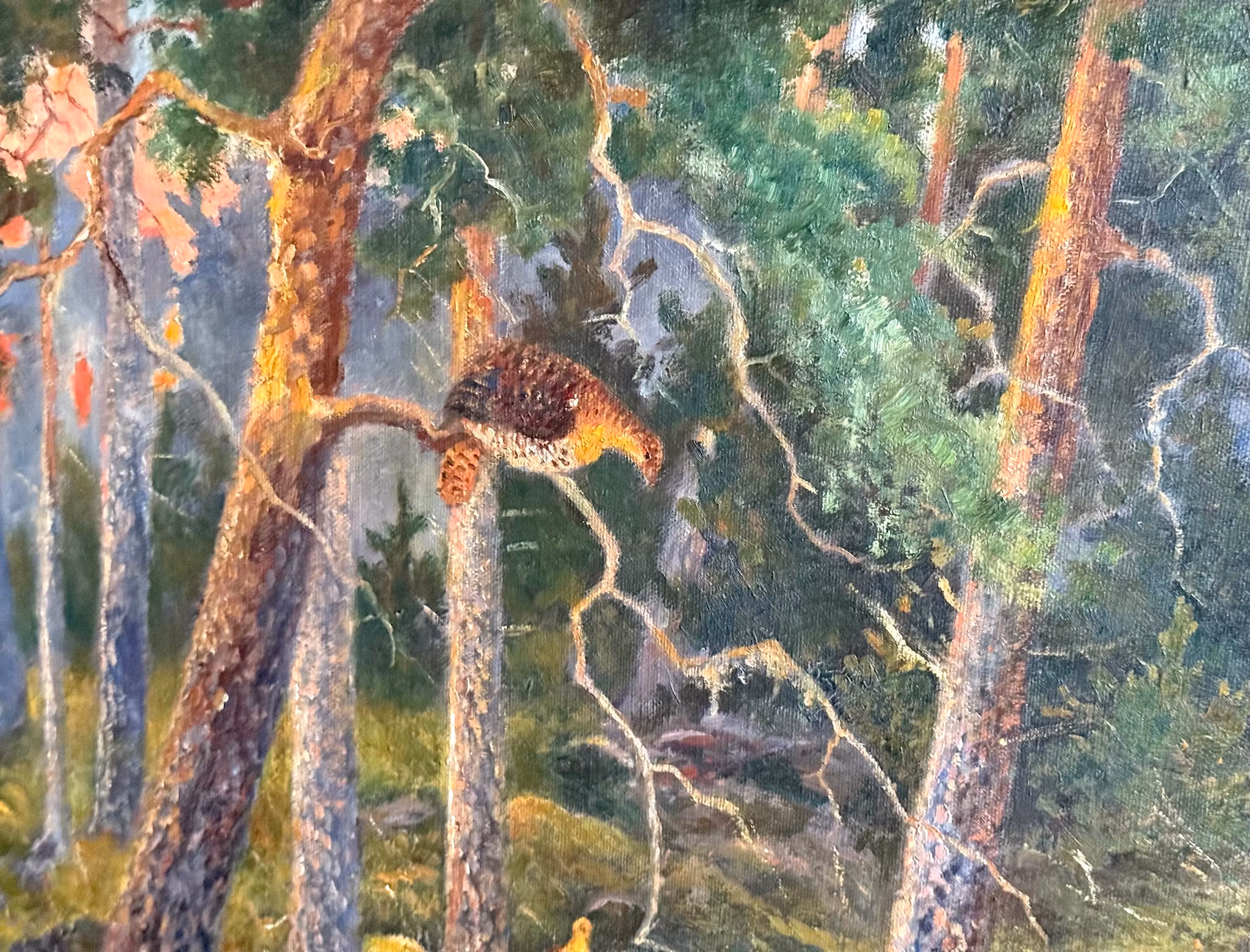 Gösta Ydström (Szwecja, 1861-1952). Olej na płótnie, Tjädrar i skogen, sygnowany i datowany 1918