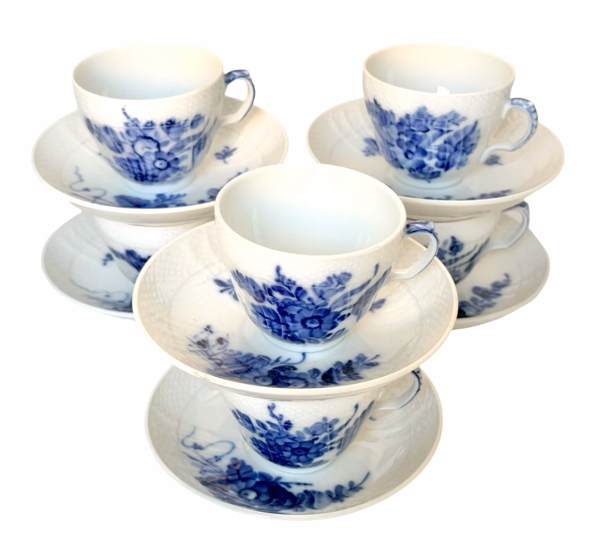 Royal Copenhagen 1:a sortering, Blå blomster, 6 st kaffekoppar med fat 1549