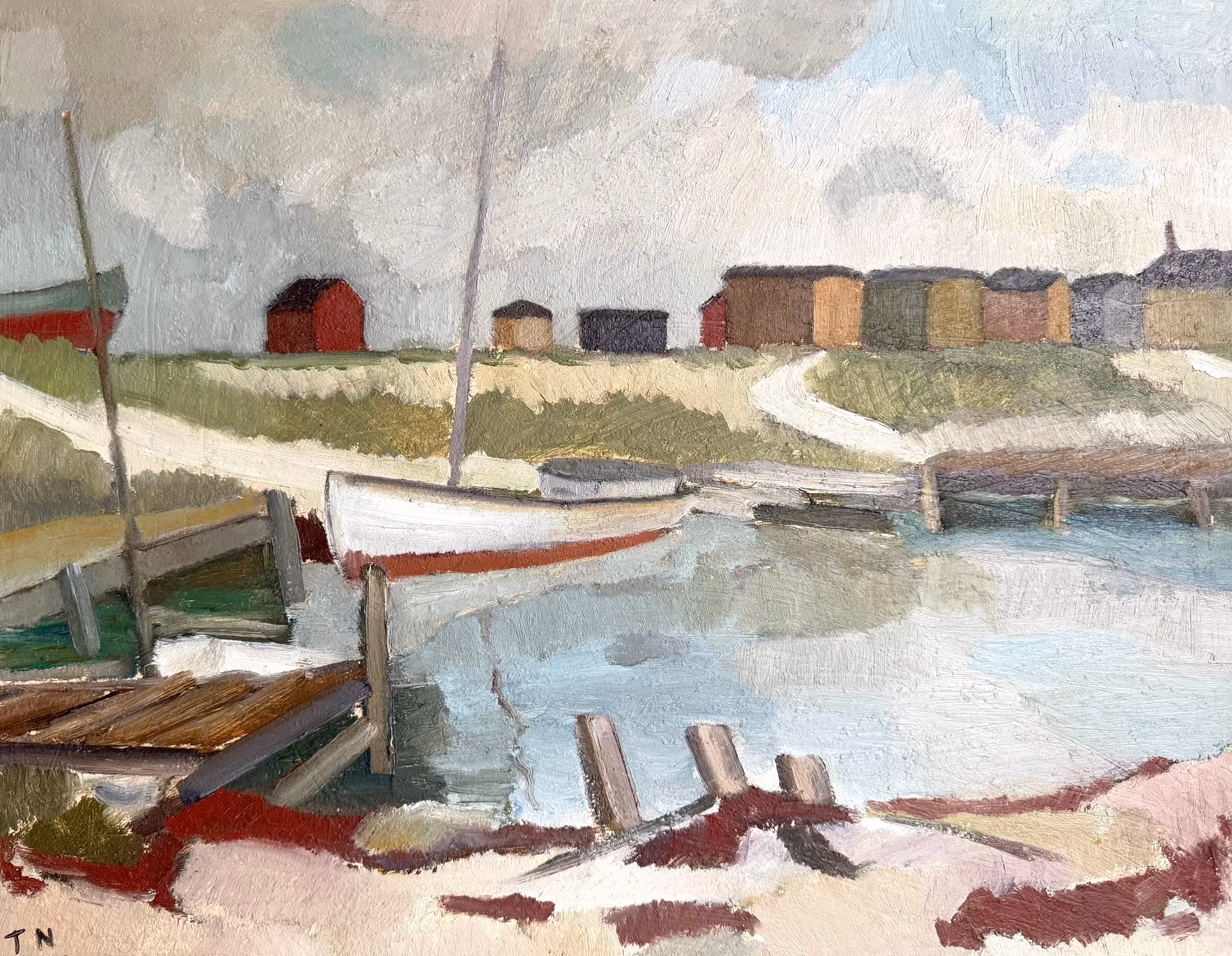 Tage Nilsson (1918–2016). Olja på pannå, ”Fiskhamn Sibbarp" signerad