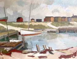 Tage Nilsson (1918–2016). Olja på pannå, ”Fiskhamn Sibbarp" signerad