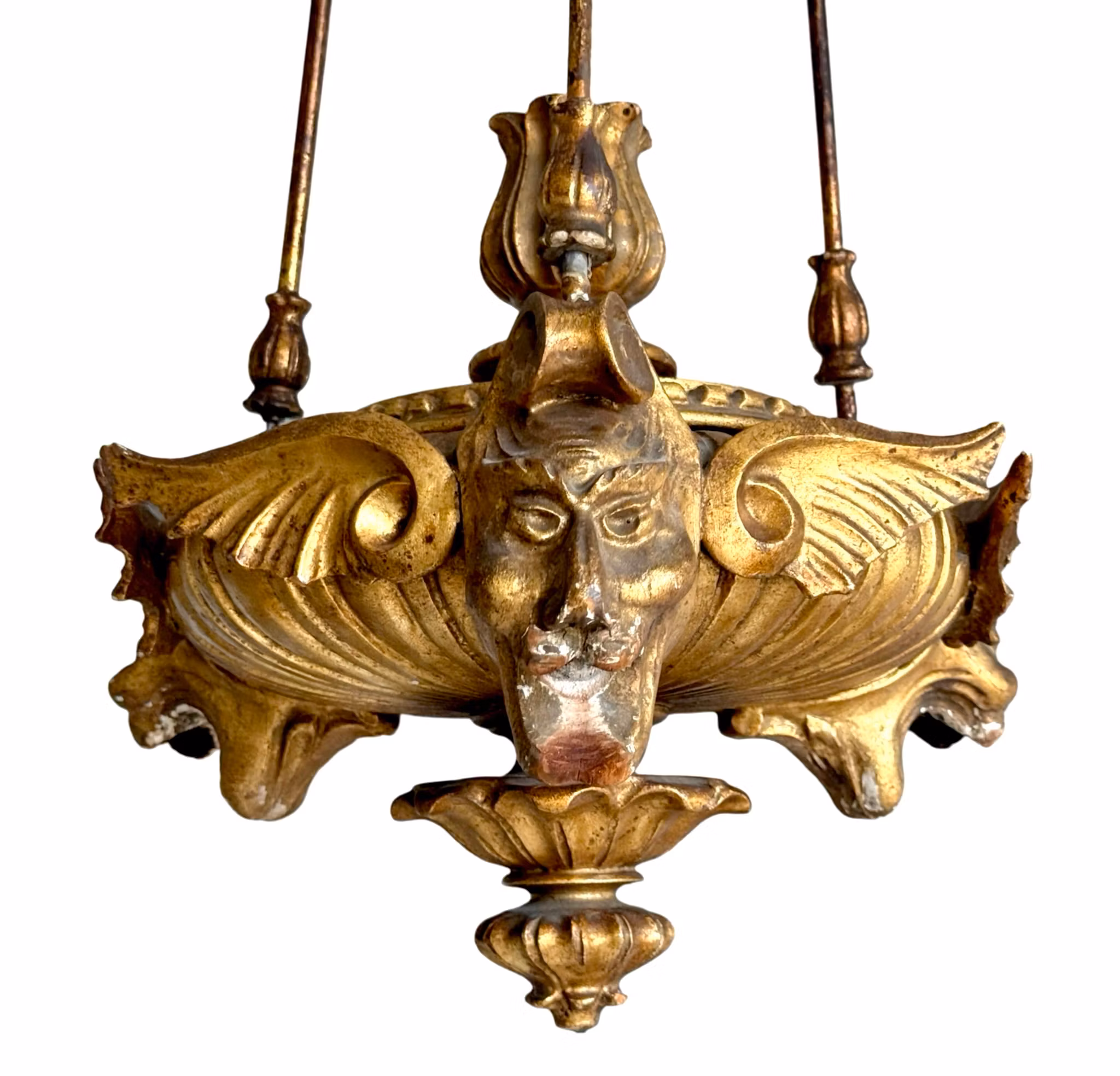 Lámpara de techo antigua de madera dorada con detalles ornamentados, para vela, rococó del siglo XVIII.