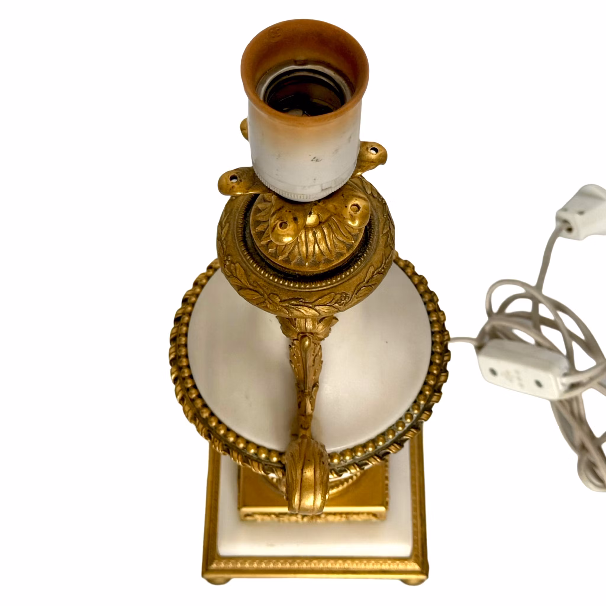 Zabytkowa lampa stołowa, pozłacany mosiądz i biały marmur, styl Ludwika XVI, Francja