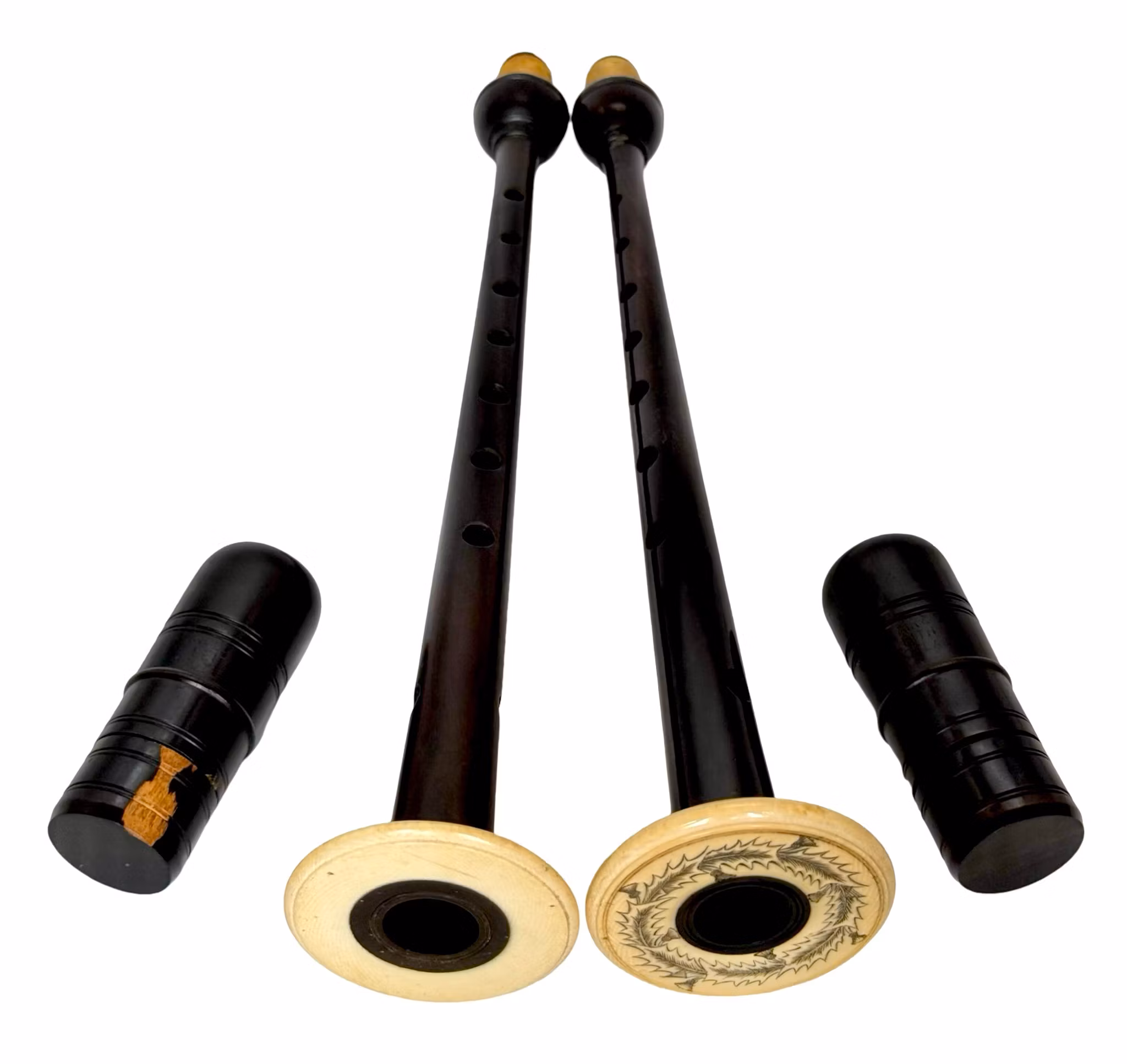 Antiker hochwertiger schottischer Dudelsack aus Elfenbein mit langer Spielpfeife aus schwarzem Holz, 19. Jahrhundert