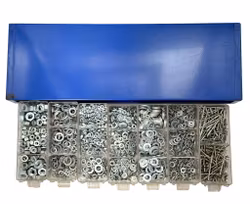 Sortimentmøtrikker, flade skiver, fjederskiver, blindnitter Nitter i en metalplade