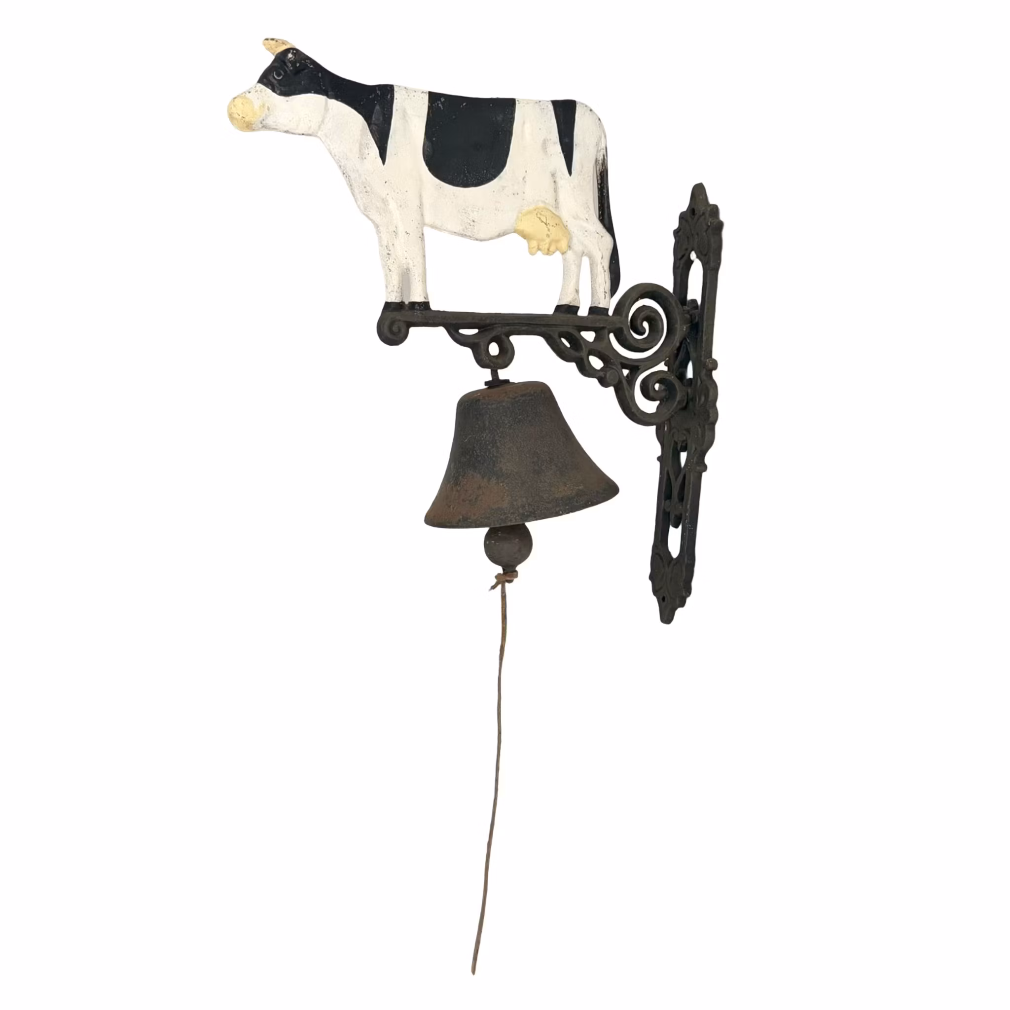 Zegar ścienny żeliwny z uchwytem ściennym, czarno-biała krowa, dzwonek do drzwi domu wiejskiego