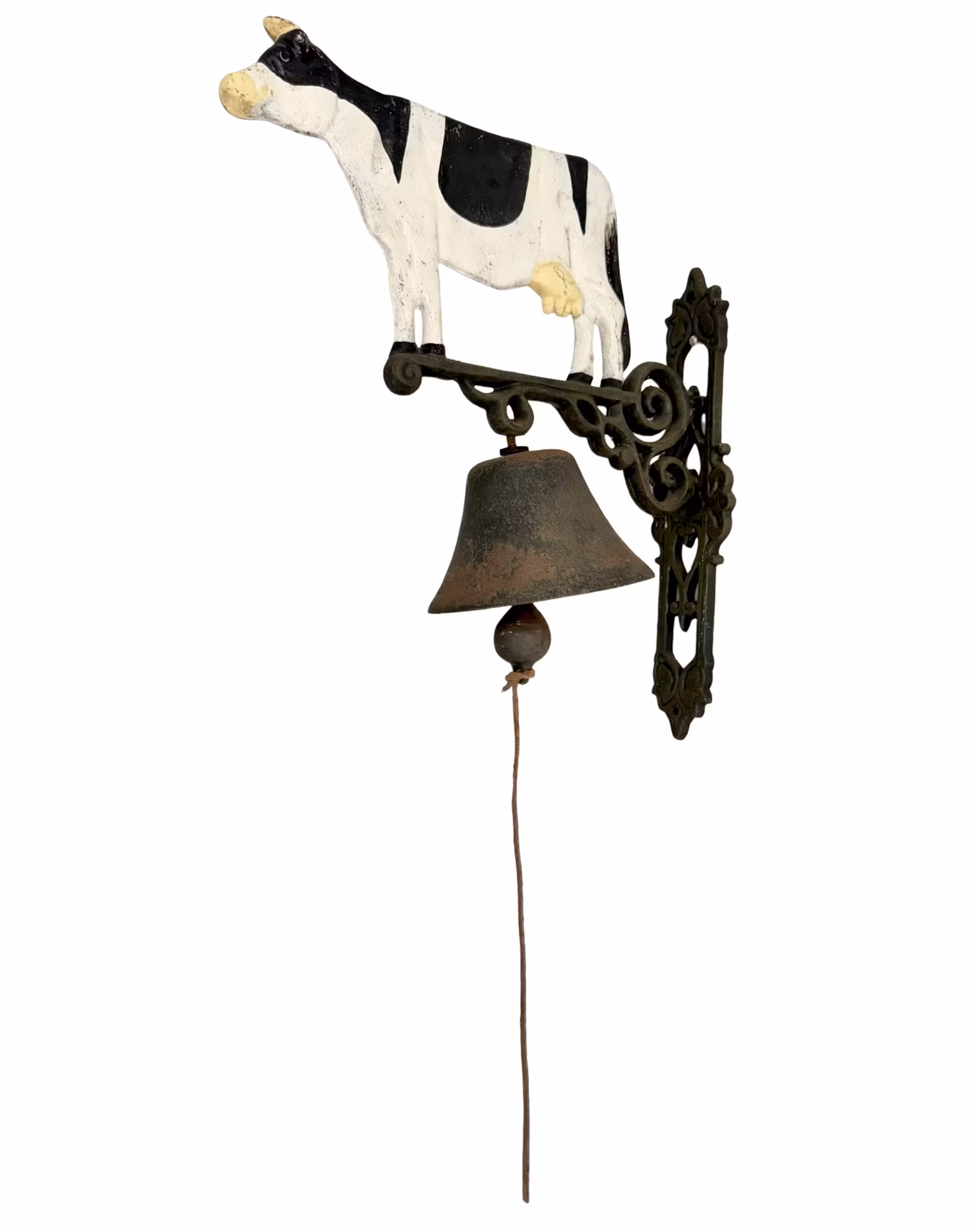 Zegar ścienny żeliwny z uchwytem ściennym, czarno-biała krowa, dzwonek do drzwi domu wiejskiego