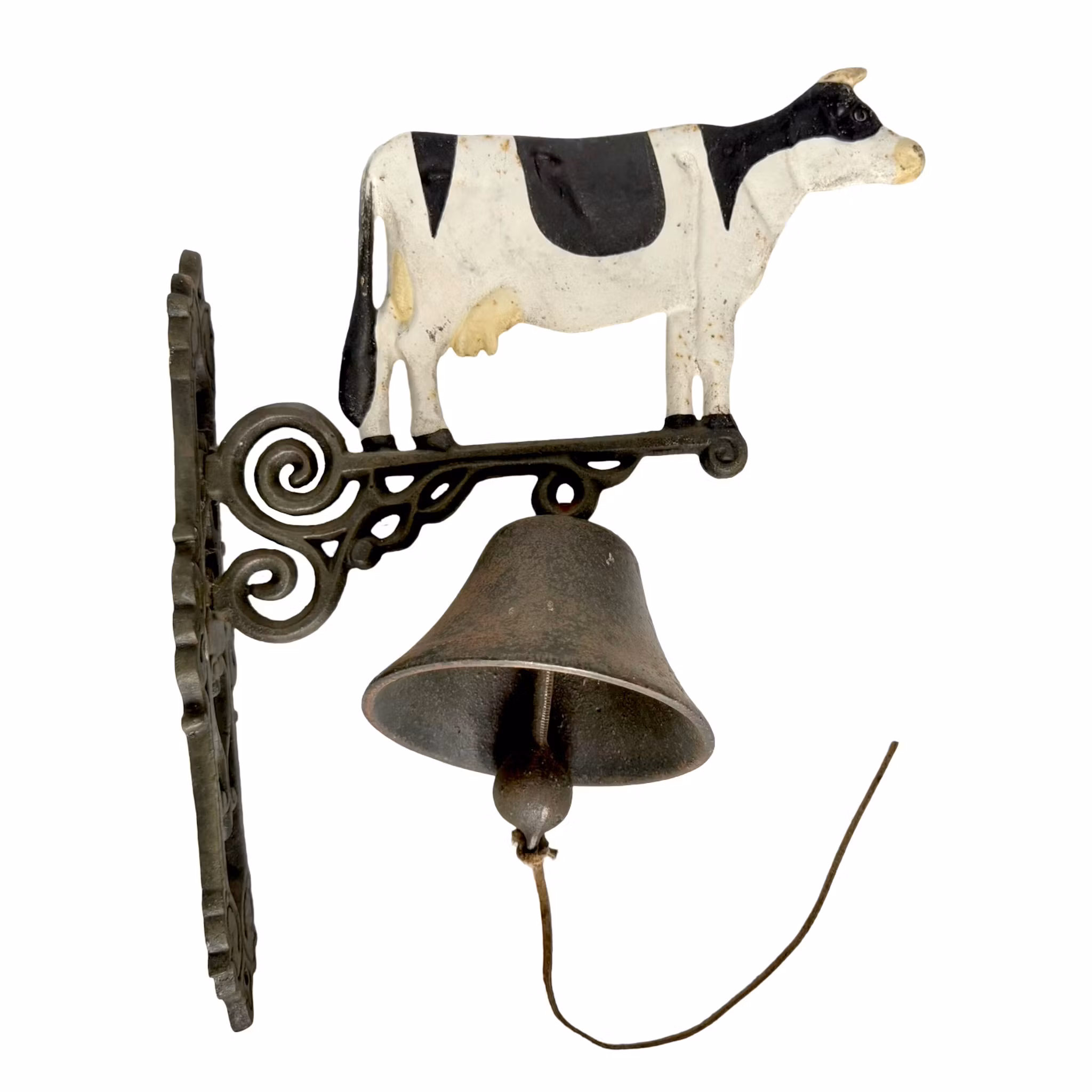 Zegar ścienny żeliwny z uchwytem ściennym, czarno-biała krowa, dzwonek do drzwi domu wiejskiego