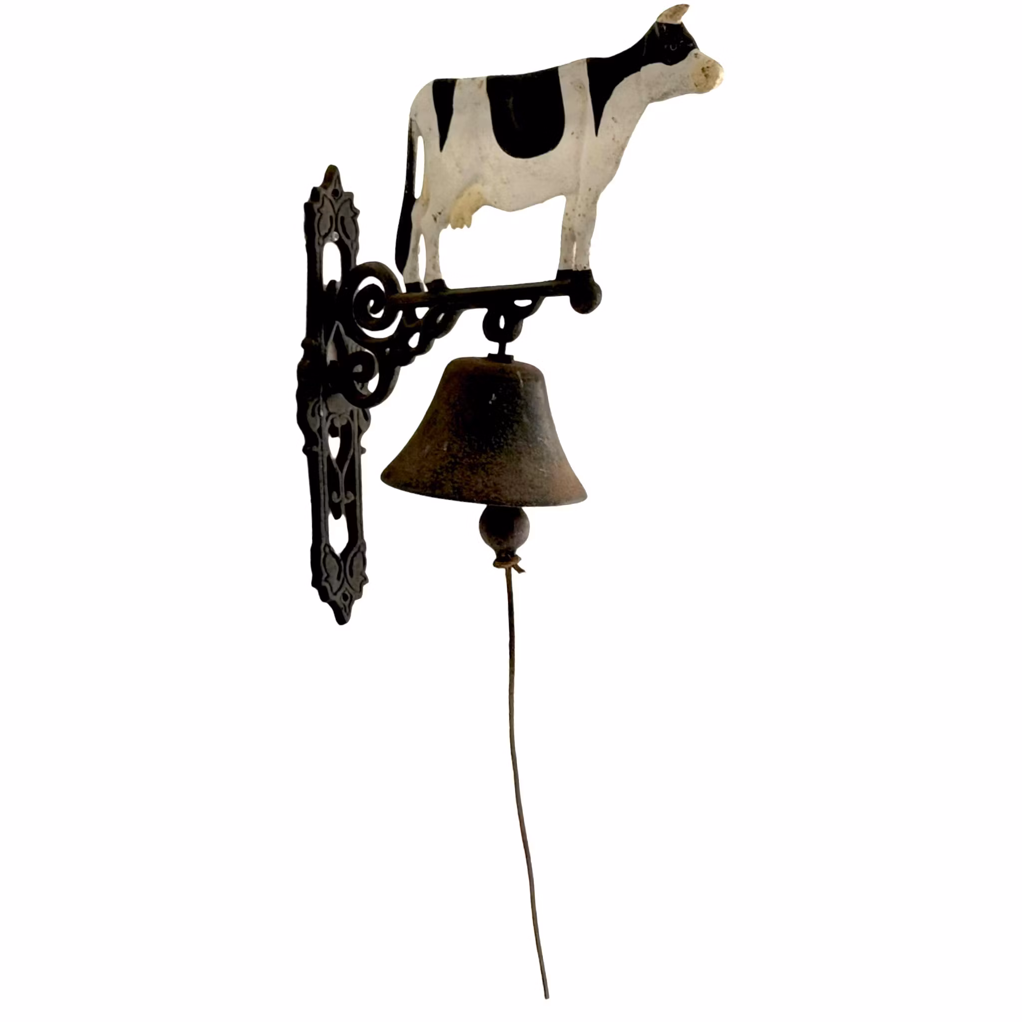 Zegar ścienny żeliwny z uchwytem ściennym, czarno-biała krowa, dzwonek do drzwi domu wiejskiego