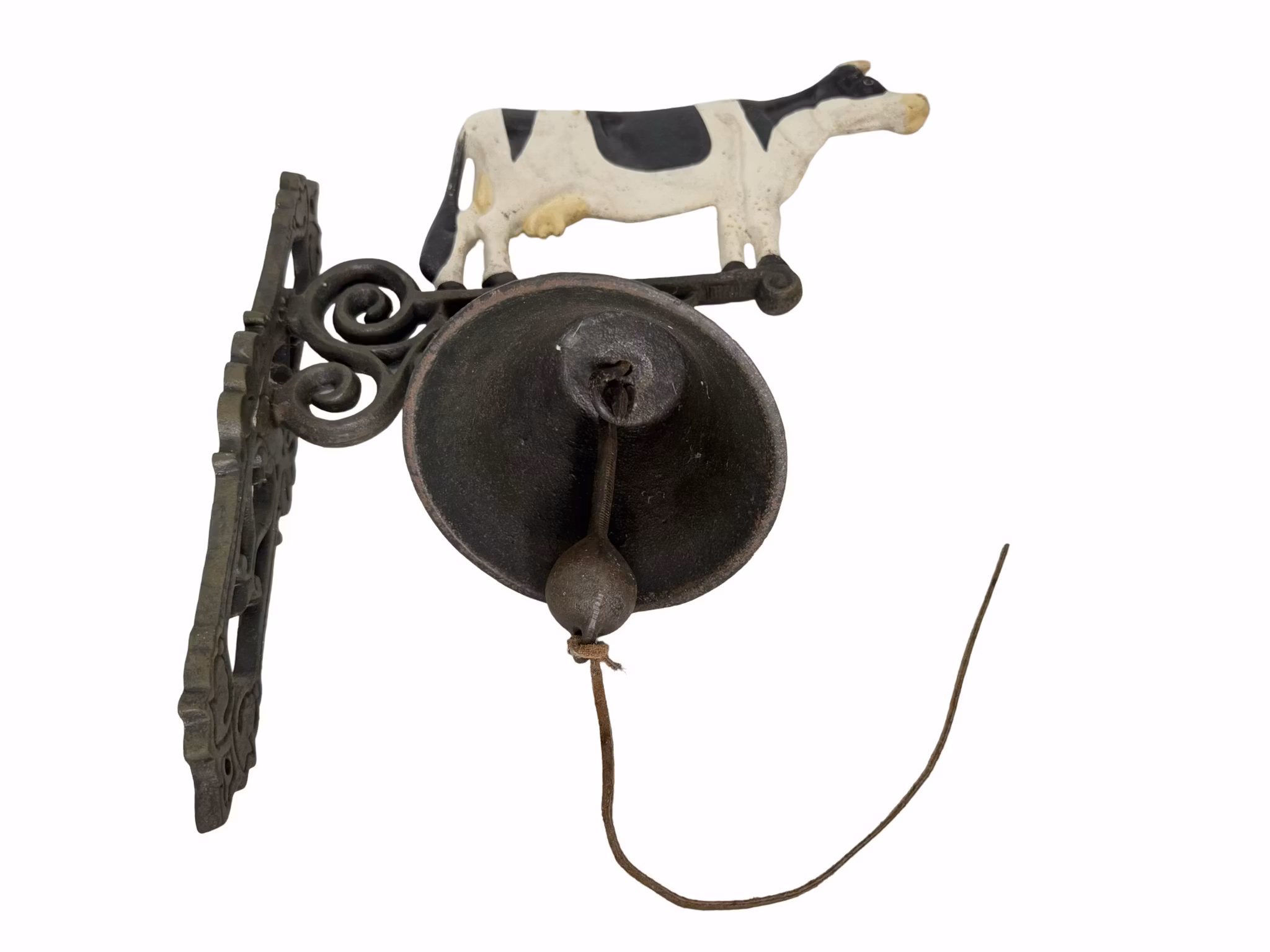 Zegar ścienny żeliwny z uchwytem ściennym, czarno-biała krowa, dzwonek do drzwi domu wiejskiego