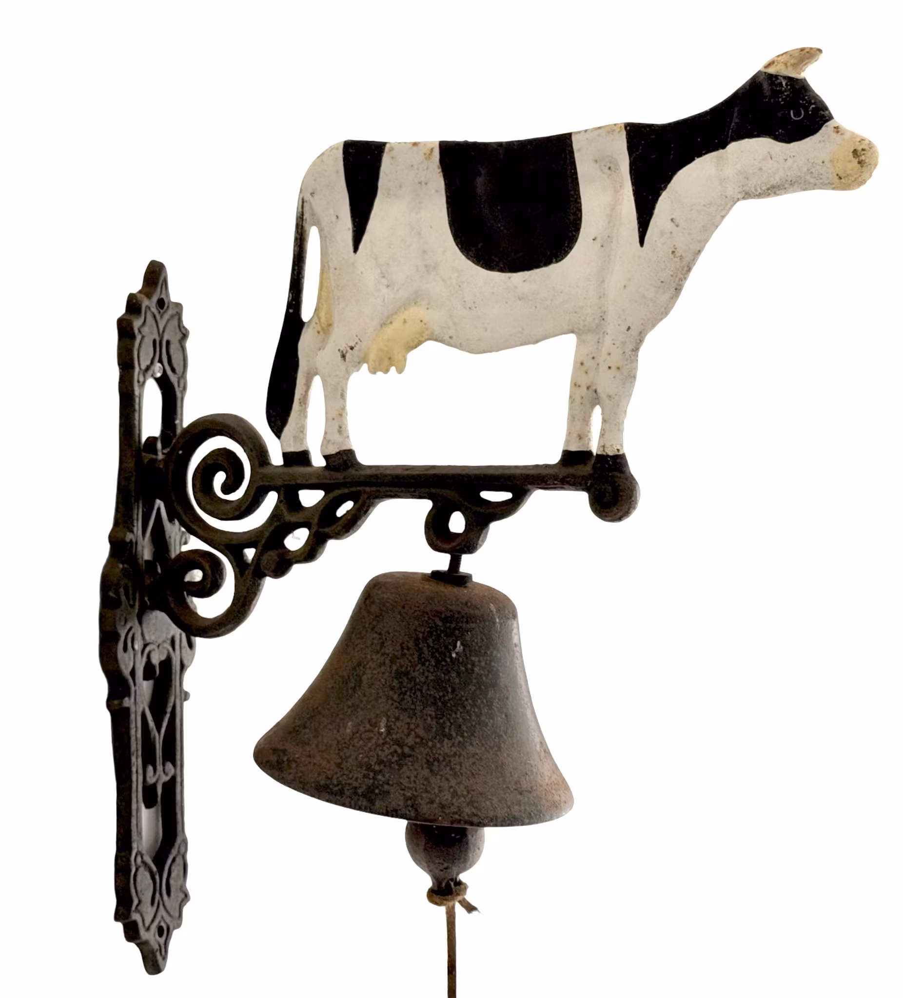 Zegar ścienny żeliwny z uchwytem ściennym, czarno-biała krowa, dzwonek do drzwi domu wiejskiego