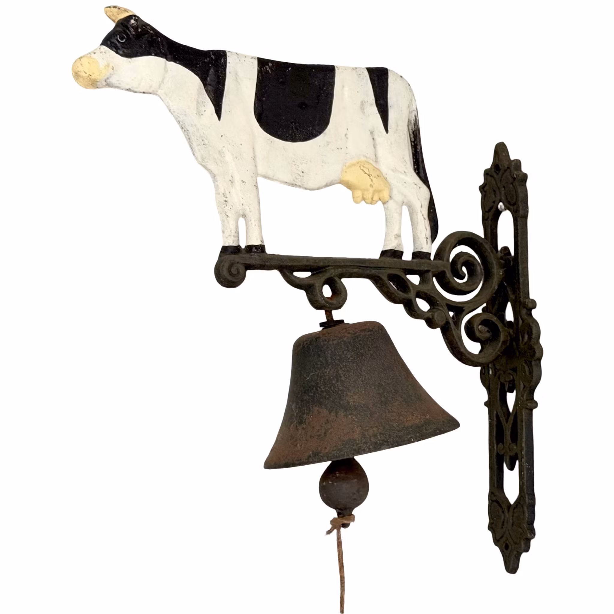 Zegar ścienny żeliwny z uchwytem ściennym, czarno-biała krowa, dzwonek do drzwi domu wiejskiego
