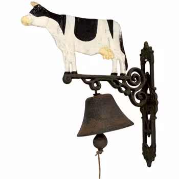 Gjutjärn väggklocka med väggfäste, svart vit ko, bondgård dörrklocka
