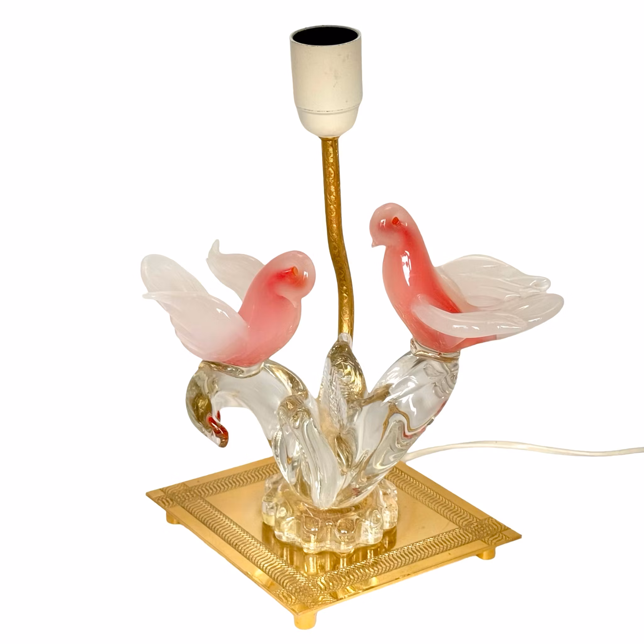 Lampa stołowa Murano, szkło w kształcie 2 gołębi, zamontowana na mosiężnej lampie stołowej