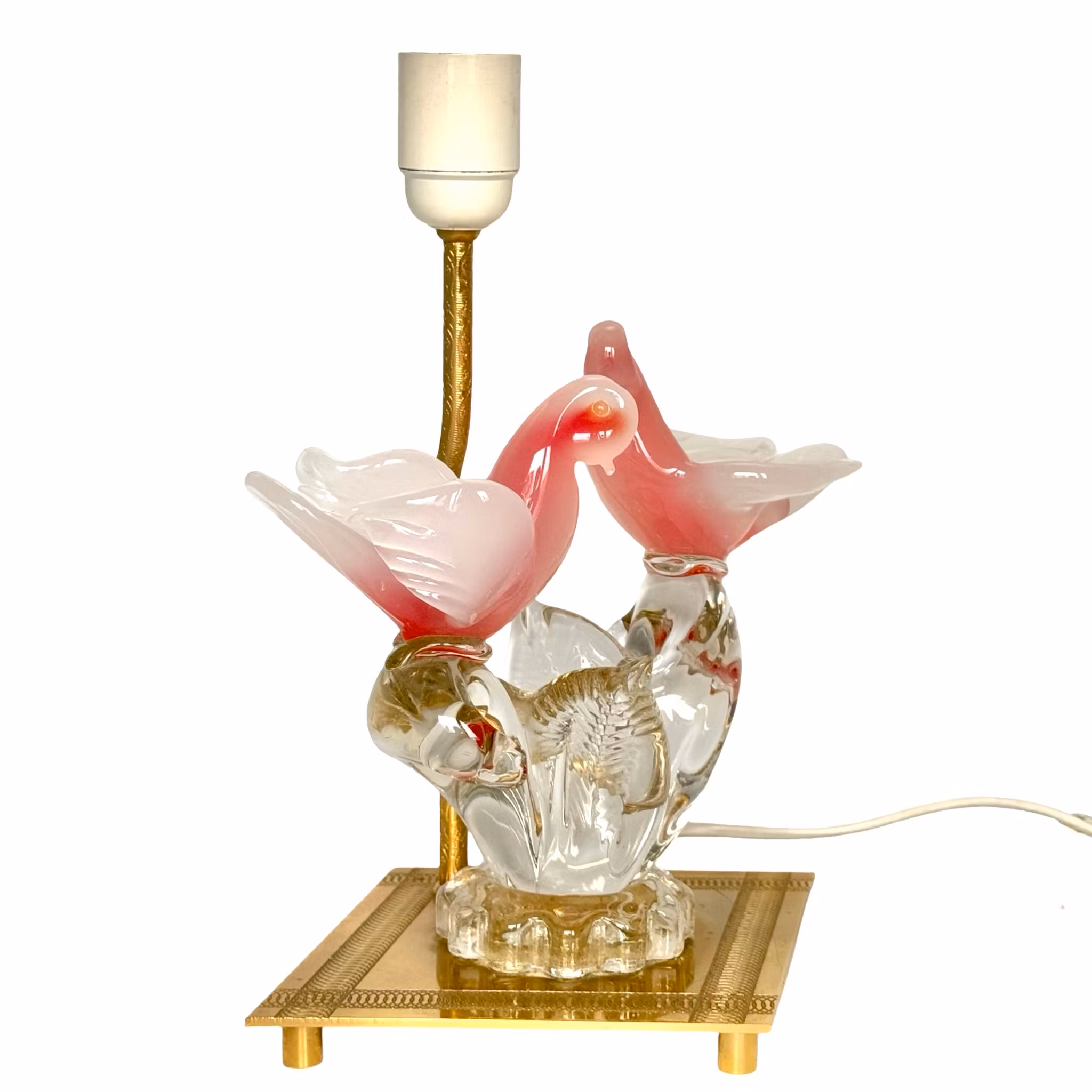 Lampa stołowa Murano, szkło w kształcie 2 gołębi, zamontowana na mosiężnej lampie stołowej