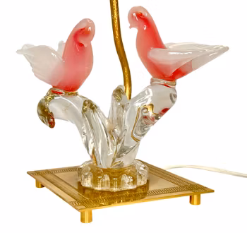 Bordslampa Murano, glas i form av 2 duvor, monterad på bordslampa i mässing