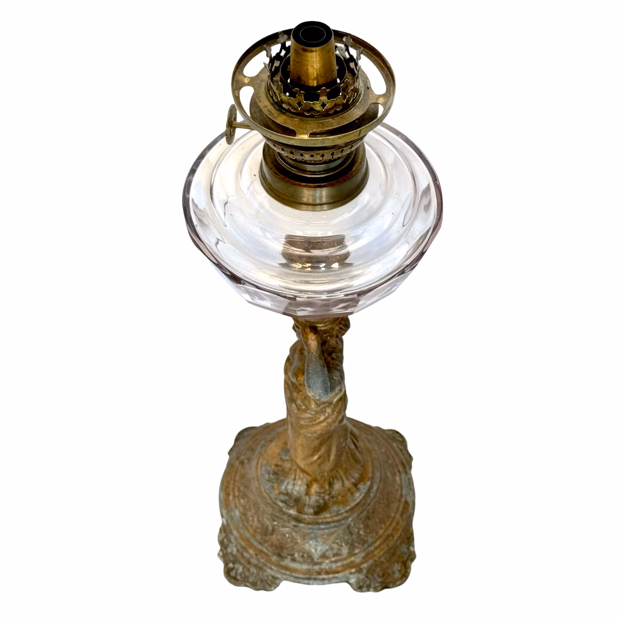 Antik Bordsfotogenlampa, zink, i form av stående kvinna