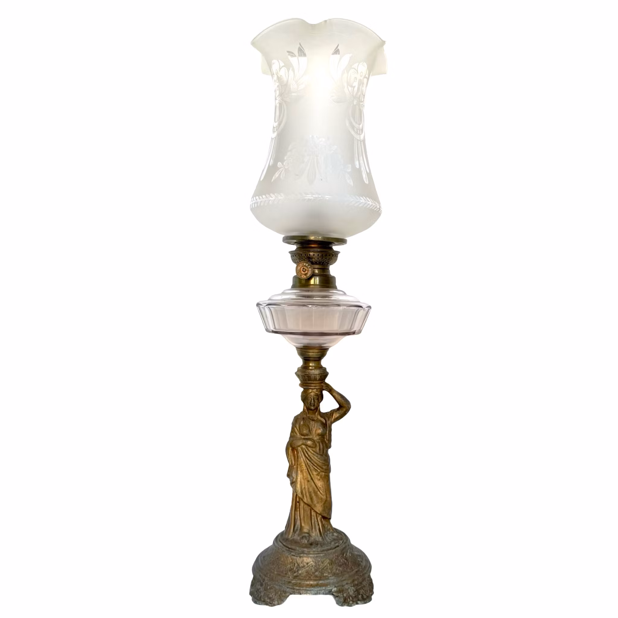 Antik Bordsfotogenlampa, zink, i form av stående kvinna