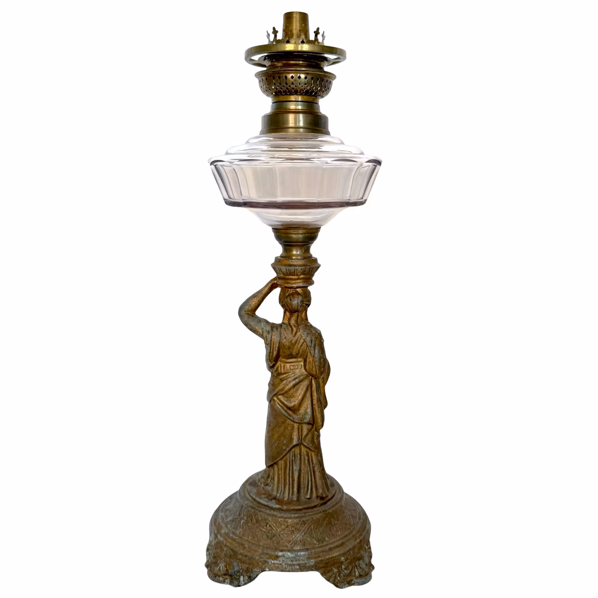 Antik Bordsfotogenlampa, zink, i form av stående kvinna