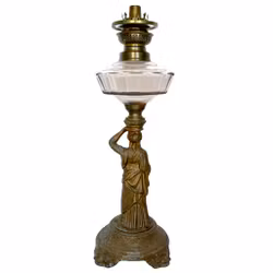 Lámpara de queroseno de mesa antigua, de zinc, en forma de mujer de pie