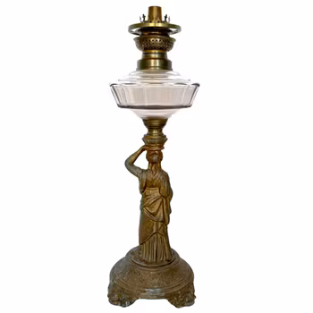 Antik Bordsfotogenlampa, zink, i form av stående kvinna