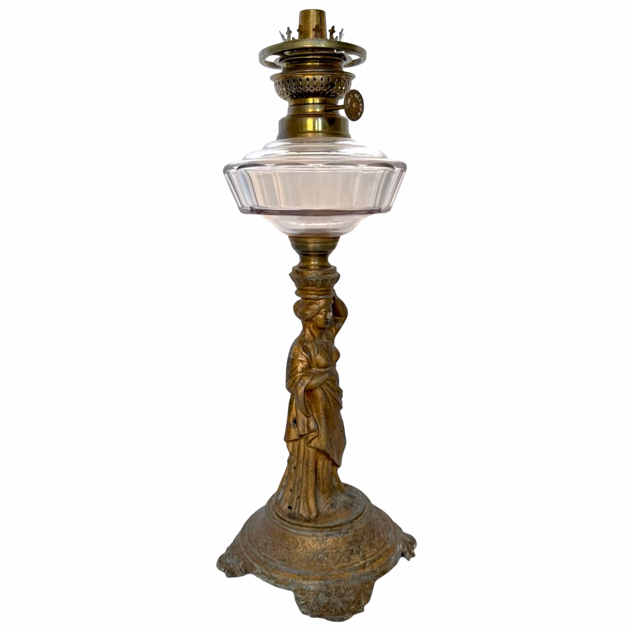 Antik Bordsfotogenlampa, zink, i form av stående kvinna