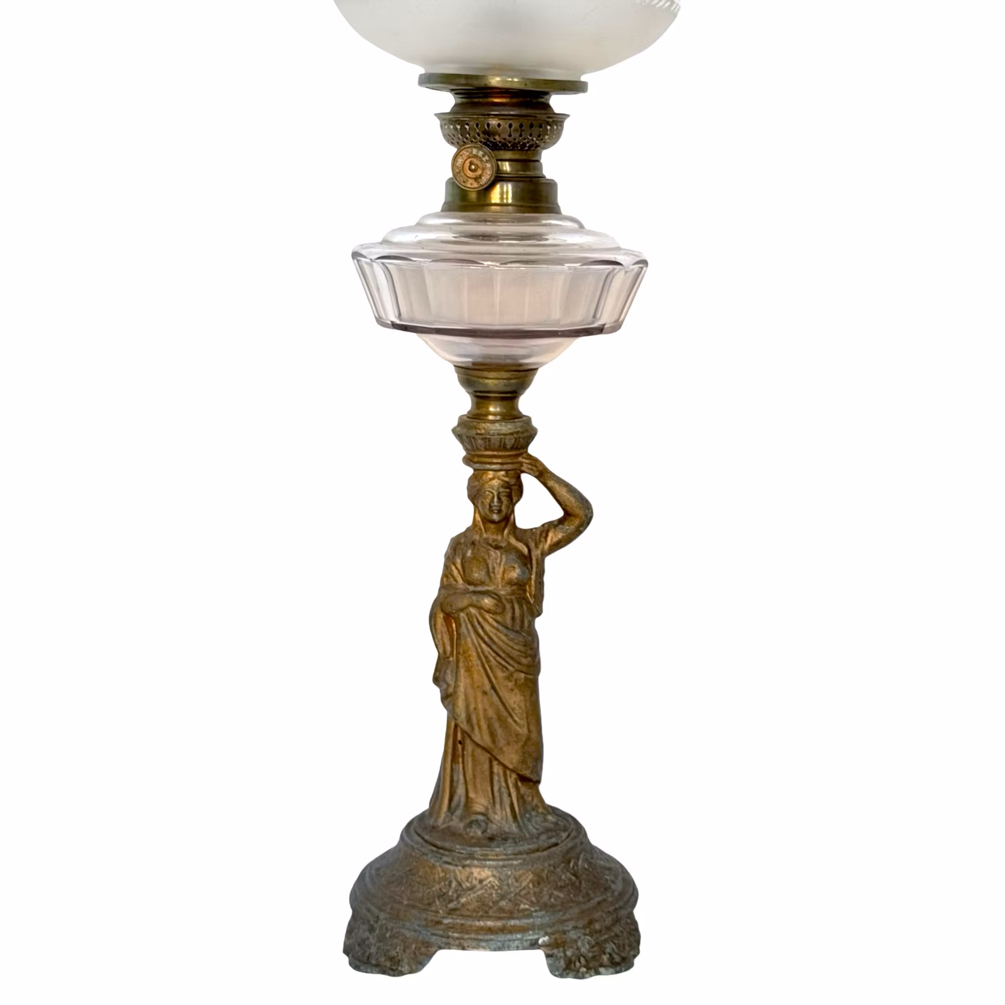 Antik Bordsfotogenlampa, zink, i form av stående kvinna