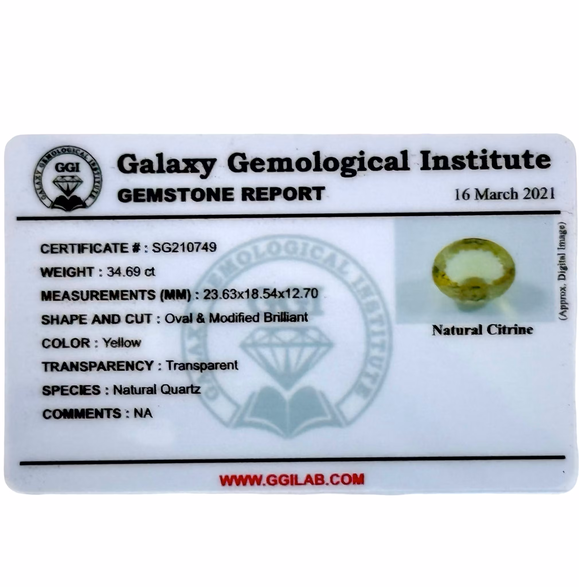 34,69 karat naturlig ubehandlet citrin med certifikat