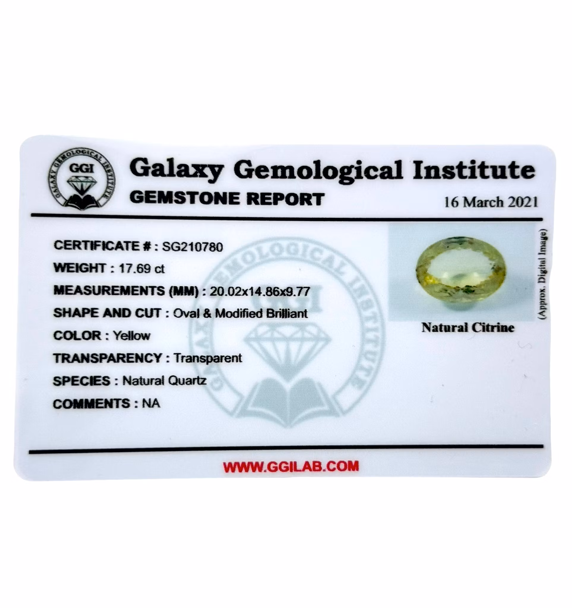 17.69 Karat naturlig obehandlad Citrin med certifikat
