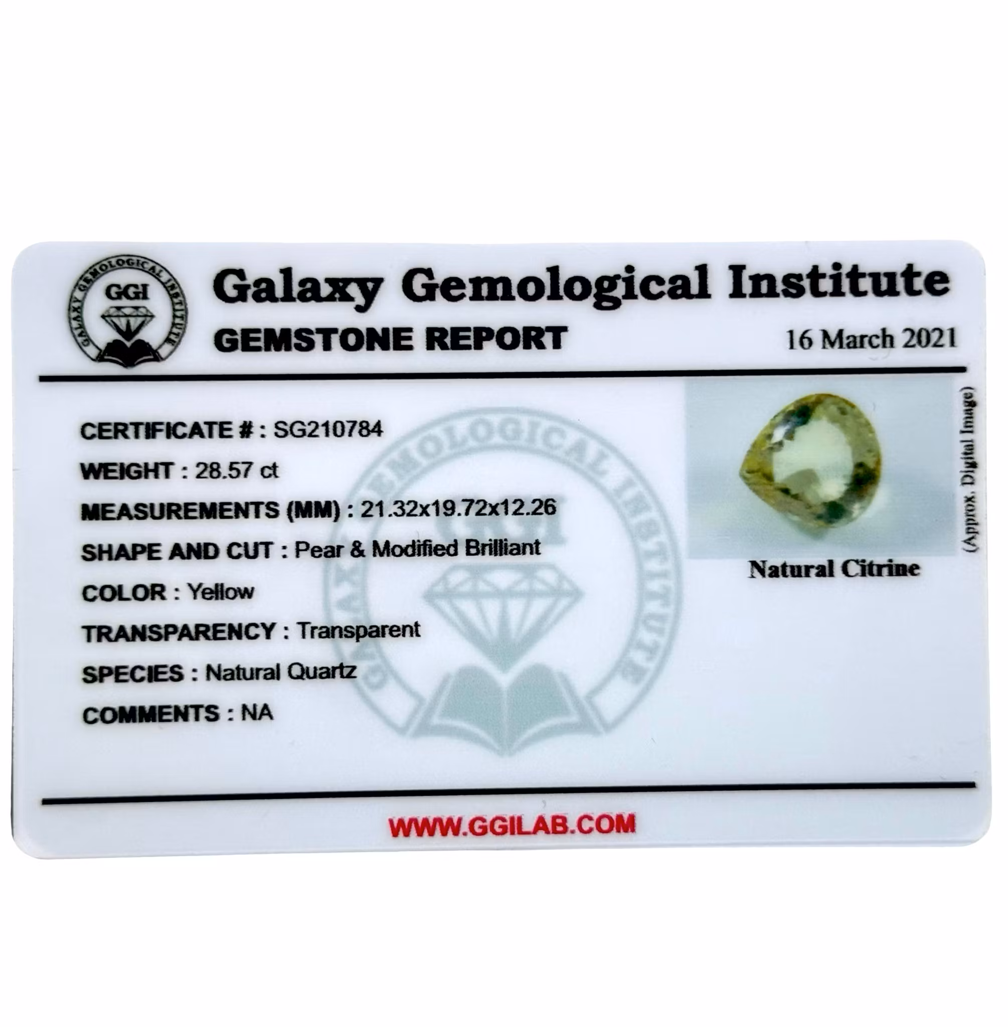 Citrine naturelle non traitée de 28,57 carats avec certificat