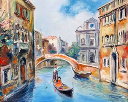 Venezia vannkanaler, Italia, Oljemaleri på lerret, Signert