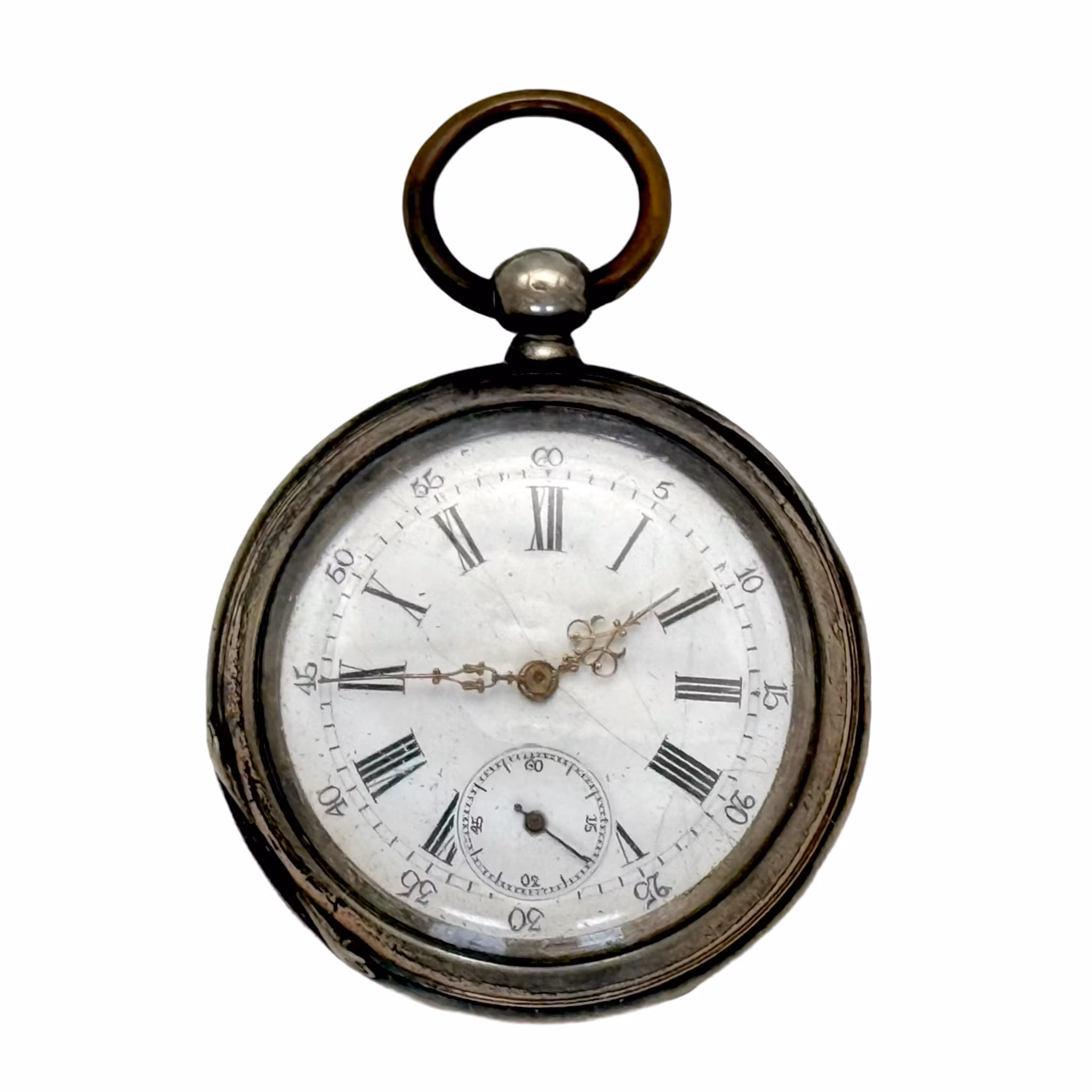 Antyczny srebrny zegarek kieszonkowy, wyciągacz kluczy 10 Rubinów z XIX wieku