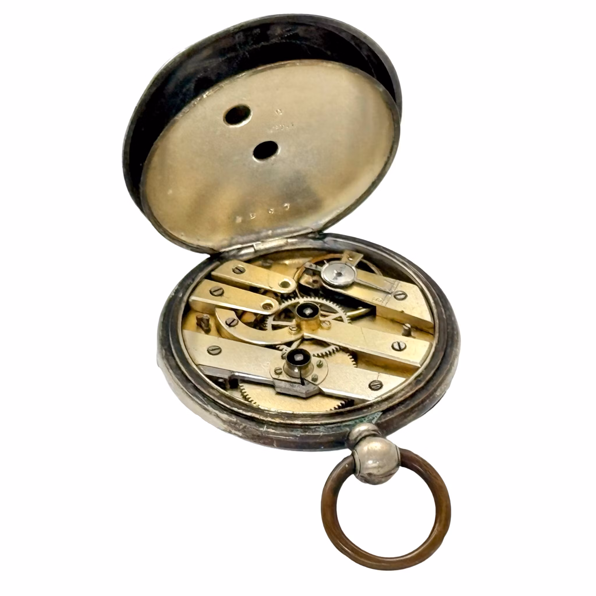 Antyczny srebrny zegarek kieszonkowy, wyciągacz kluczy 10 Rubinów z XIX wieku