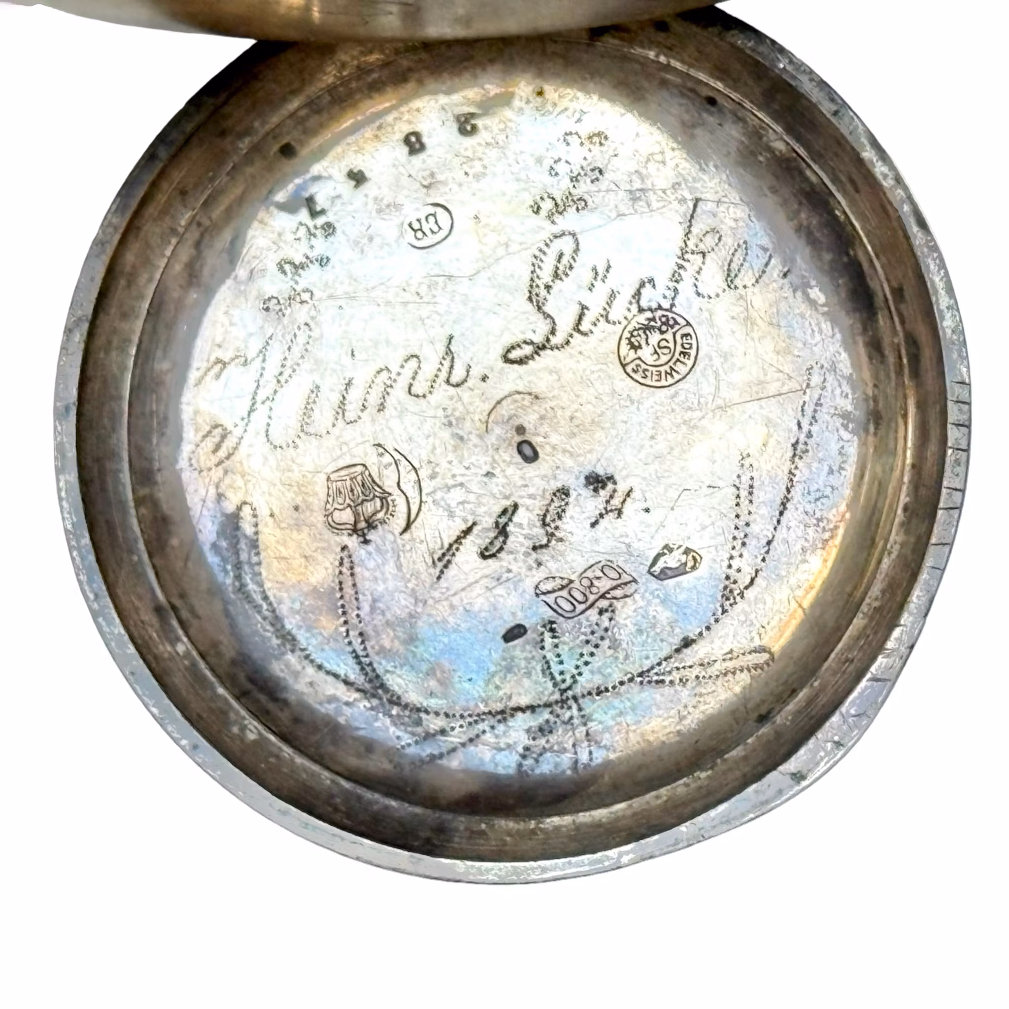 Antyczny srebrny zegarek kieszonkowy, wyciągacz kluczy 10 Rubinów z XIX wieku