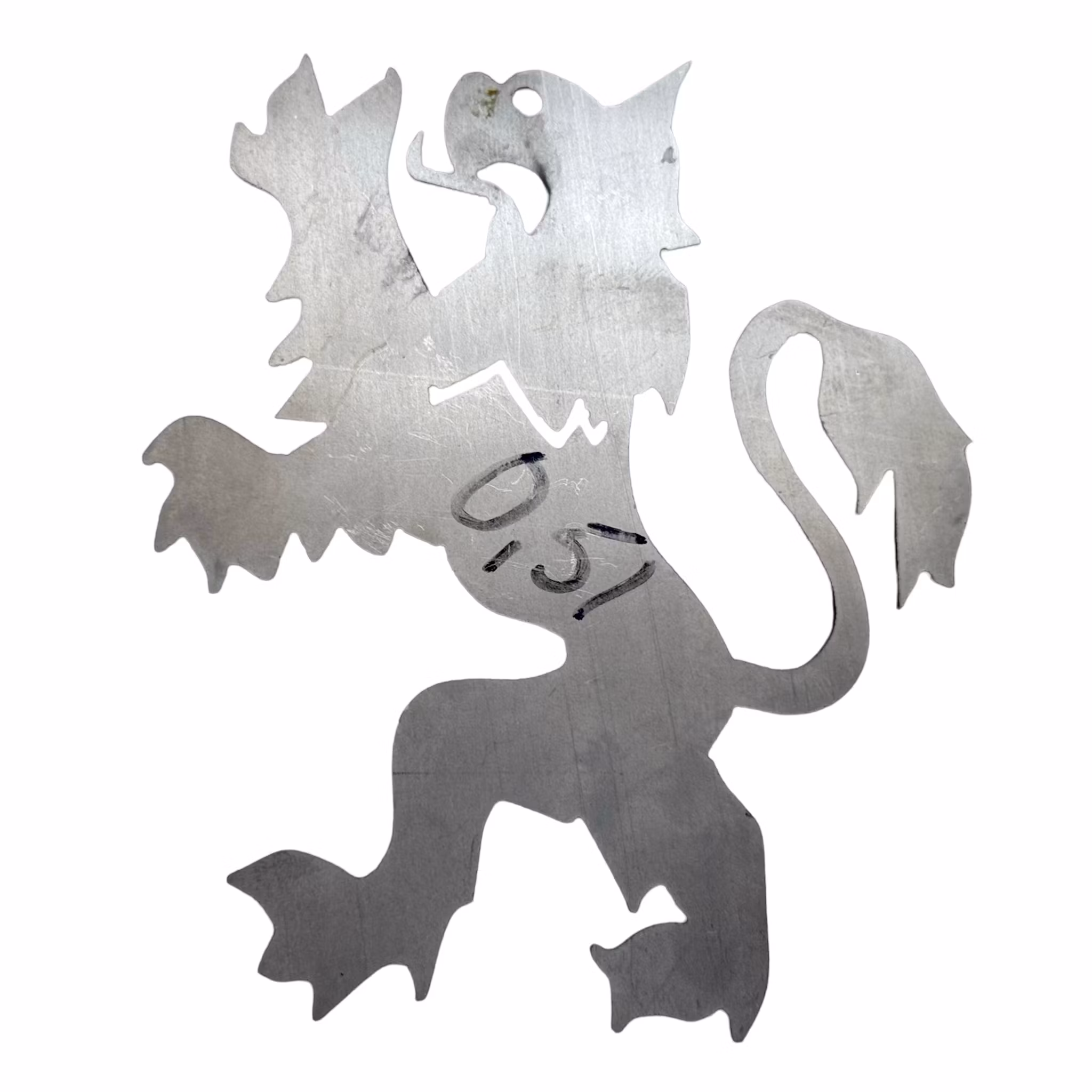 Peugeot-emblem, gullfarget løve med en andre i rustfritt stål