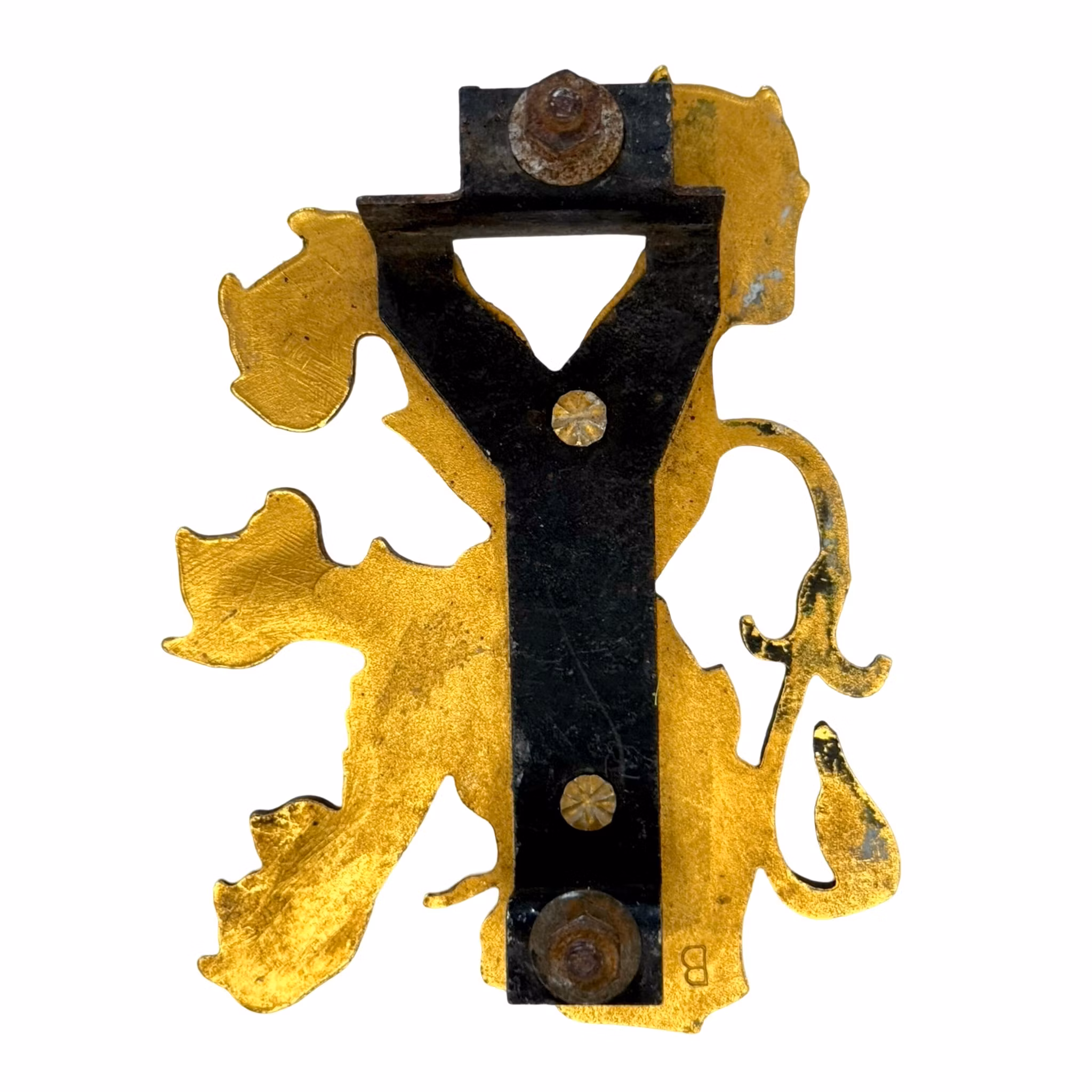 Peugeot-emblem, gullfarget løve med en andre i rustfritt stål