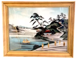 Japans glas-in-lood, landschap met figuren, versierd met parelmoer
