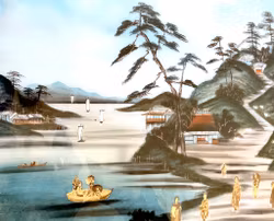 Japans glas-in-lood, landschap met figuren, versierd met parelmoer