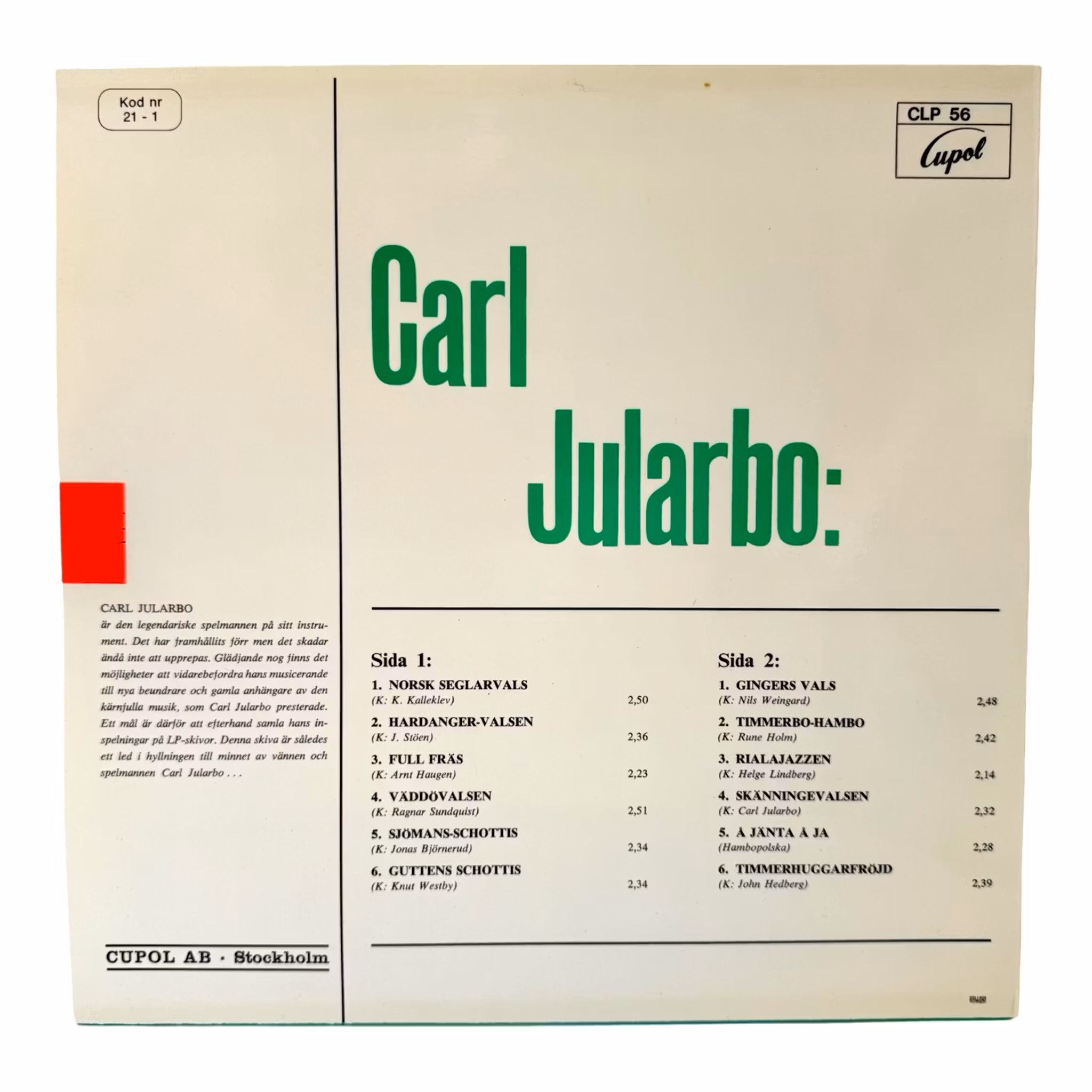 Carl Jularbo - Norjalainen purjehdusvalssi, LP-vinyyli, käyttämätön