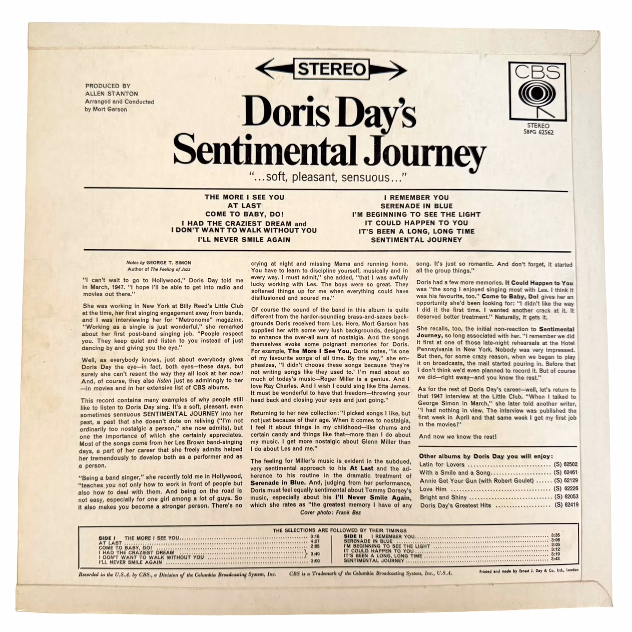 Doris Day – Doris Day's Sentimental Journey, LP Vinyl
