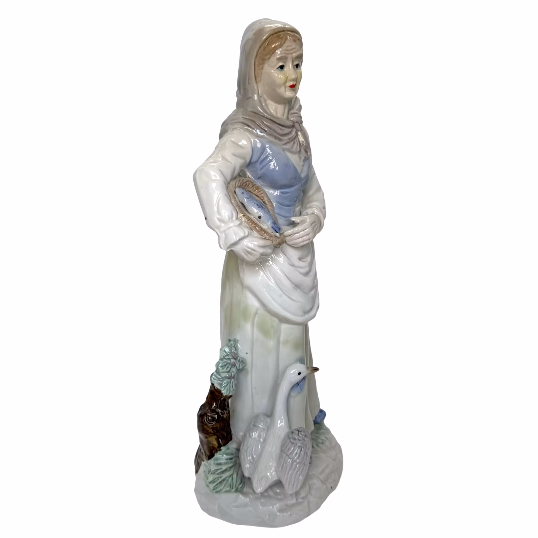 Figurine, girl with goose and fish in basket, porcelain